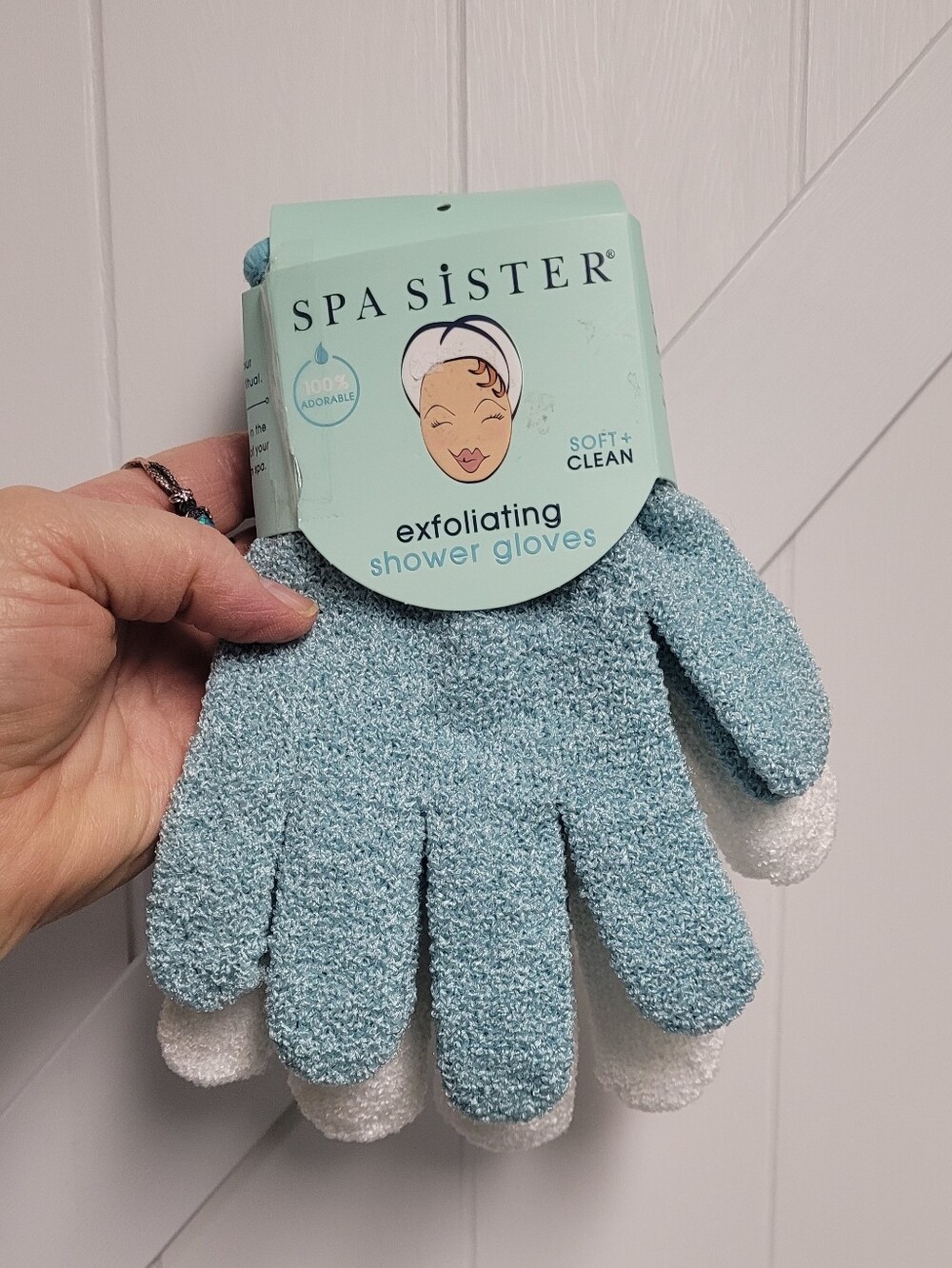 Spa Sister Exfoliating Shower Gloves - Light Blue & White